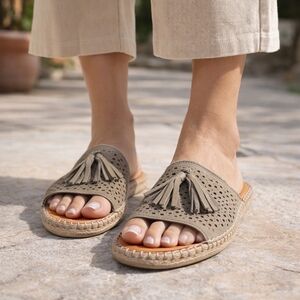 Bueno Leather Fringe Tassel Slide Sandals Perforated Espadrille Flats Boho